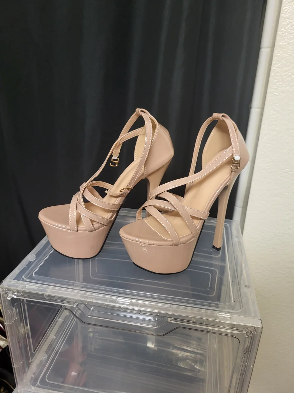 Nude Patent Platform Strappy High Heel Sandals - Women
